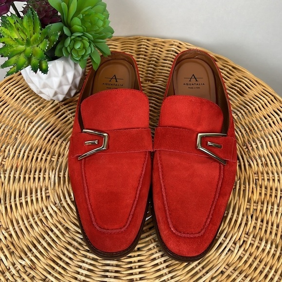 Aquatalia Mules Loafer Slip On Leather Suede Orange Buckle 7.5 - Picture 3 of 12